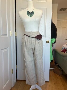 Free People Beige Wide-Leg Linen Blend Pants
